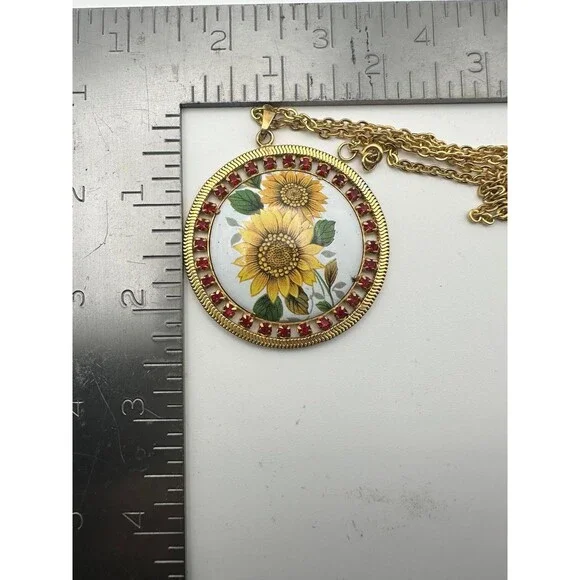 Vintage gold tone rhinestone sunflower pendant Necklace 23” - Picture 6 of 6